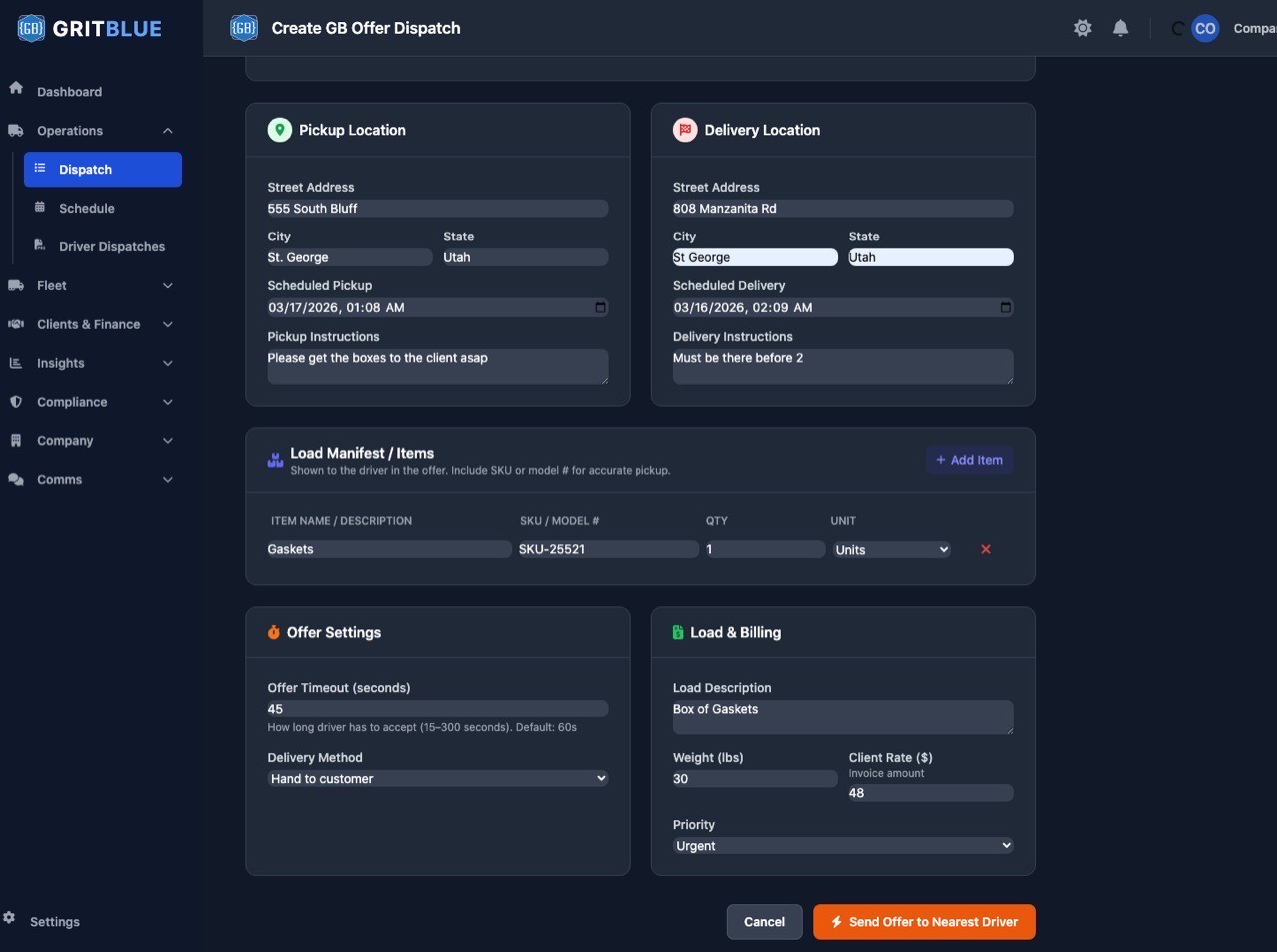 Create New Dispatch